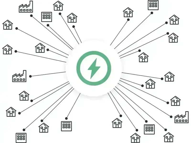 schematic representation of houses, factories, and public utility buildings connected in an energy network