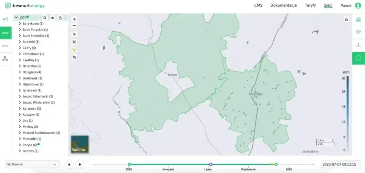 zrzut ekranu aplikacji besmart.energy - drzewo i mapa sensorów z widoczną siecią energetyczną