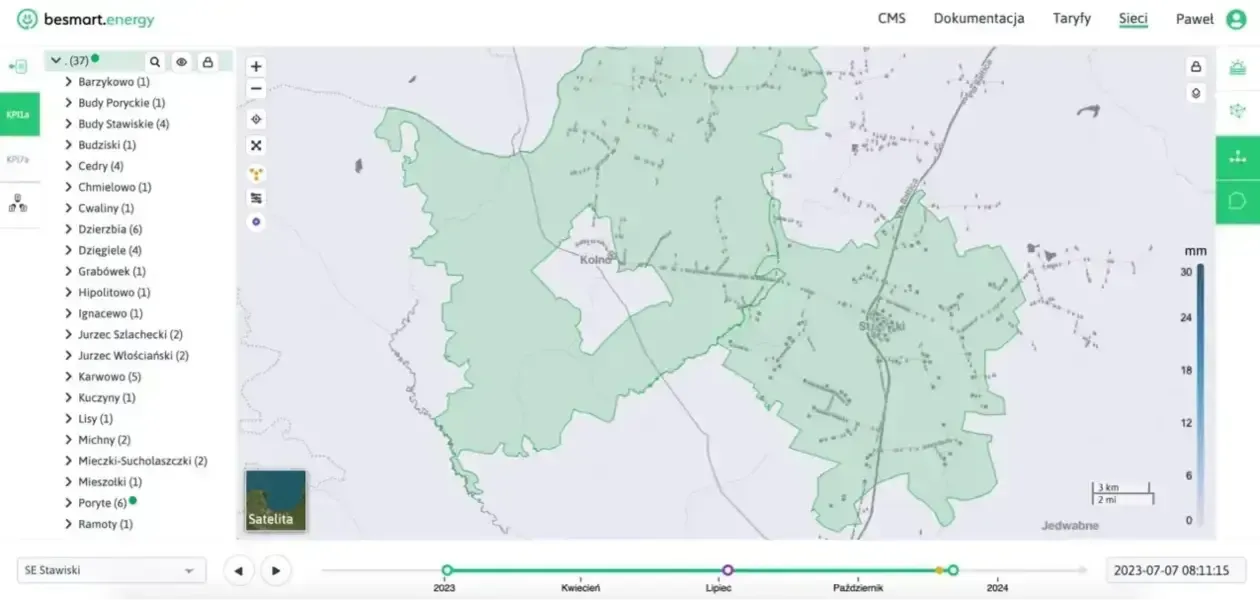 zrzut ekranu aplikacji besmart.energy - drzewo i mapa sensorów oraz wykresy energii czynnej pobranej z sieci