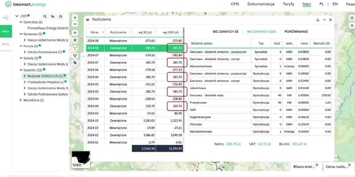 zrzut ekranu aplikacji besmart.energy - drzewo i mapa sensorów oraz tabela z rozliczeniem spółdzielni energetycznej
